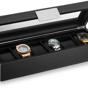 Luxury 6‑Slot Mens Watch Organizer Carbon Fiber Glass Lid Sturdy Hinges Case