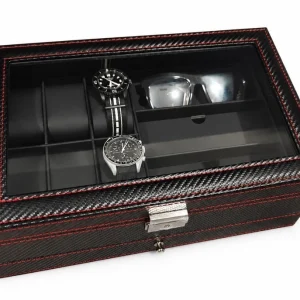 Watch Display Case 6 Slot Leather Organizer Jewelry Lock Storage Glass Lid Box