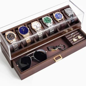 Elegant 6-Slot Watch Box for Men with Drawer - Walnut Organizer Gift Case