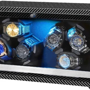 Watch Winder 6 with LED and Super Quiet Motor,Black Carbon Fiber | 4 Rotating