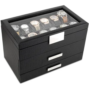 Carbon Fiber Design Watch Case - 24 Slot Storage Box for Men