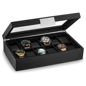 Elegant 12 Slot Watch Display Case - Carbon Fiber Design